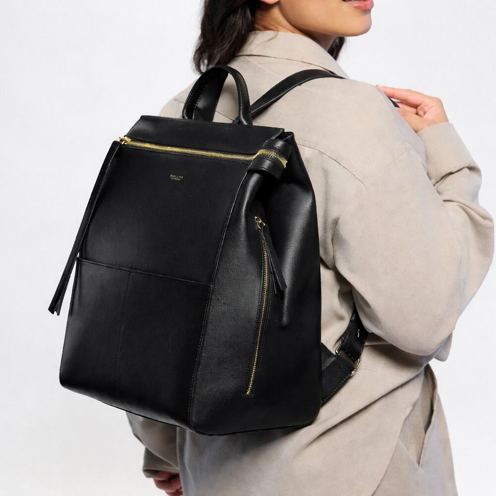 Mina Baie Harper Backpack Leather Full Black Gold Diaper Work Travel Bag
